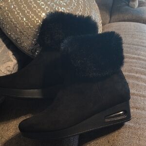 DKNY Black Faux Fur Cuff Wedge Ankle Boots